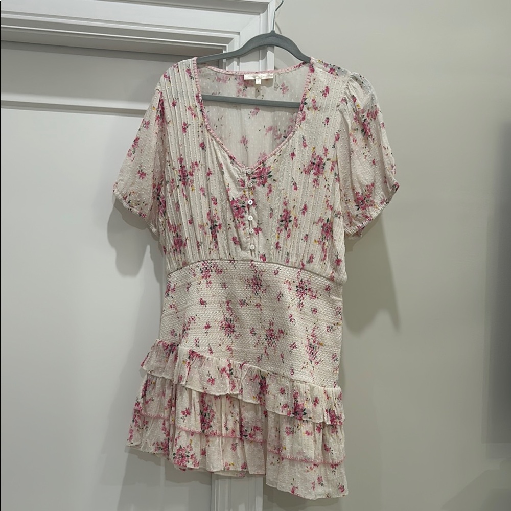 LoveShackFancy Cream and Pink Floral Mini Dress